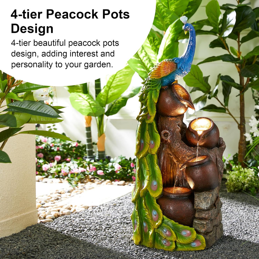 Glitzhome 4-Tier Oversized Peacock Sculpture with Jars Outdoor Water Fountain with LED Light, Resin Peacock Statue Waterfall Fountain with Submersible Pump for Garden Patio Porch, 40'H