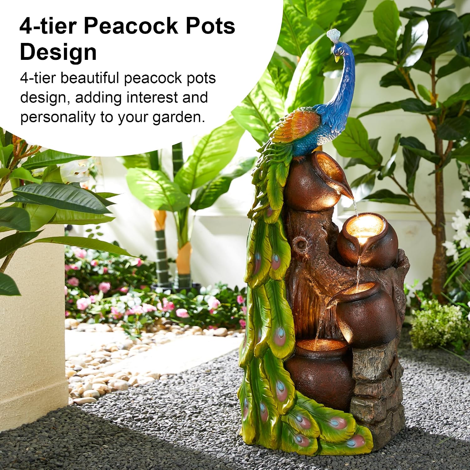Glitzhome 4-Tier Oversized Peacock Sculpture with Jars Outdoor Water Fountain with LED Light, Resin Peacock Statue Waterfall Fountain with Submersible Pump for Garden Patio Porch, 40'H