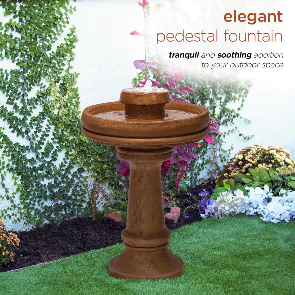 Alpine Corporation TZL202 Outdoor Floor Vintage Pedestal Water Fountain with Bird Bath and LED Lights, 29', Brown