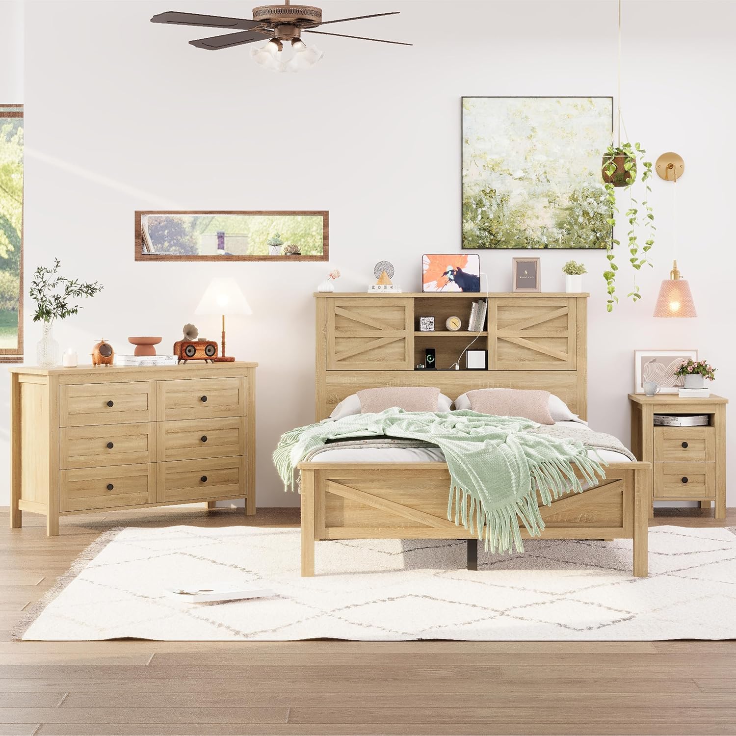 Farmhouse Bedroom Set 3 Pieces, Full Size Wood Platform Bed Frame, Nightstand and Dressing Table, Full Bedframe with Double Sliding Door Headboard and Charging Station (Natural, Full)