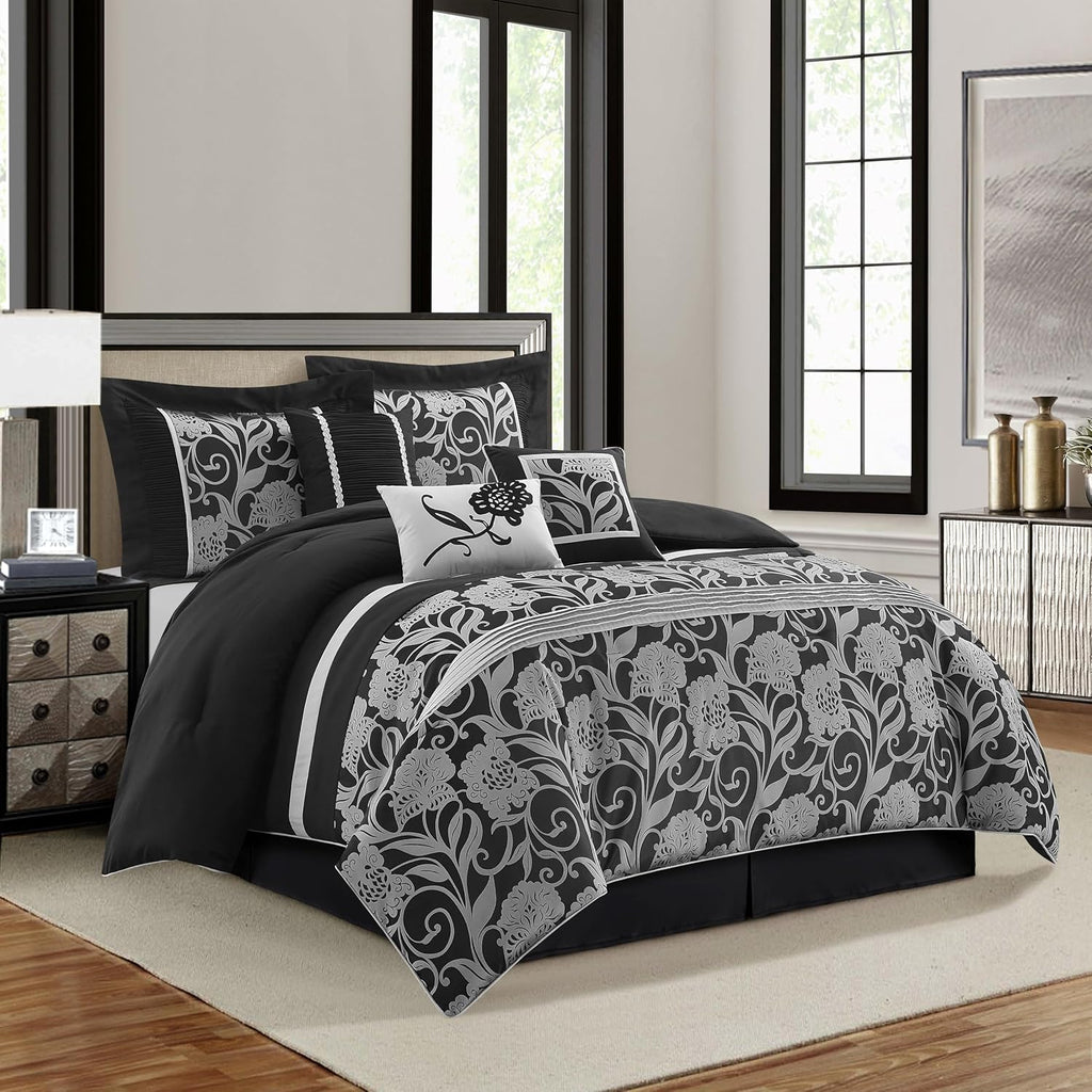Stratford Park 7 Piece Black Sliver Comforter Set, King Size Jacquard Floral Bedding Set, All Season, Ultra-Soft, Matching Pillows & Shams, Bed Skirt