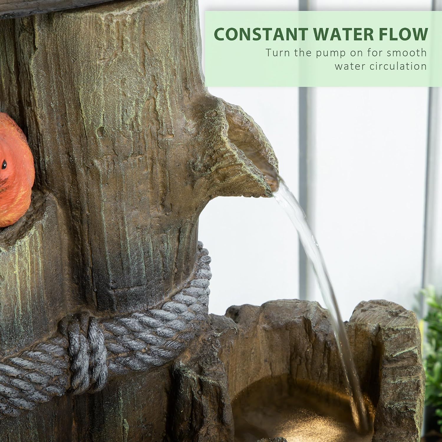 Outsunny Outdoor Fountain with Birdhouse, Cascading Garden Waterfall Bird Bath with 3-Tier Rustic Tree Trunk/Log Design, LED Lights for Porch, Deck, Yard Decor, Brown