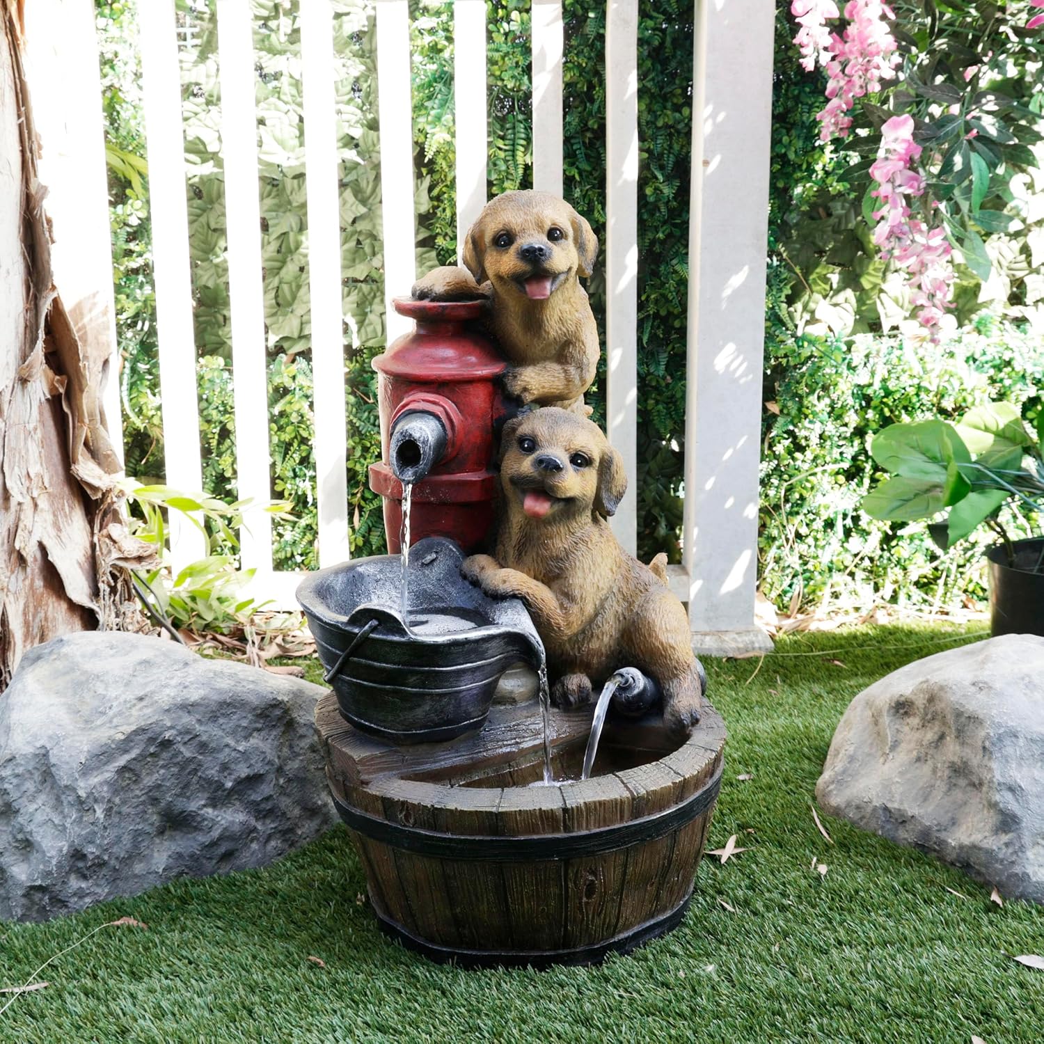 Alpine Corporation GXT986 26' Tall Outdoor Barrel Fountain with Playful Puppies, Cascading Garden Water Feature for Patio, Lawn, or Yard Decor, Brown