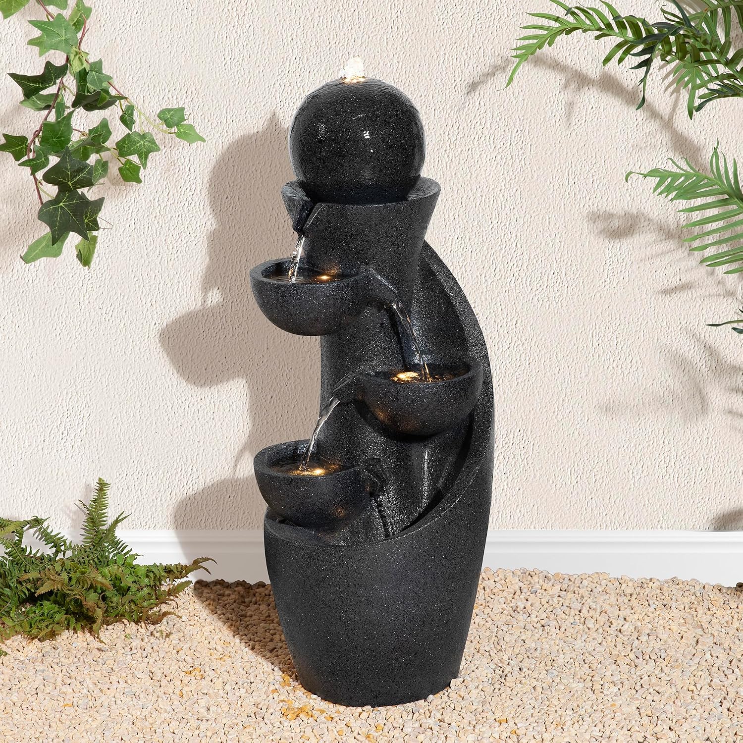 Glitzhome Outdoor Water Fountain with LED Light & Pump, Modern 5-Tier Bowl and Sphere Polyresin Outdoor Fountain, 33.5' Cascading Waterfall Fountain Water Feature for Porch Deck Patio Backyard Decor