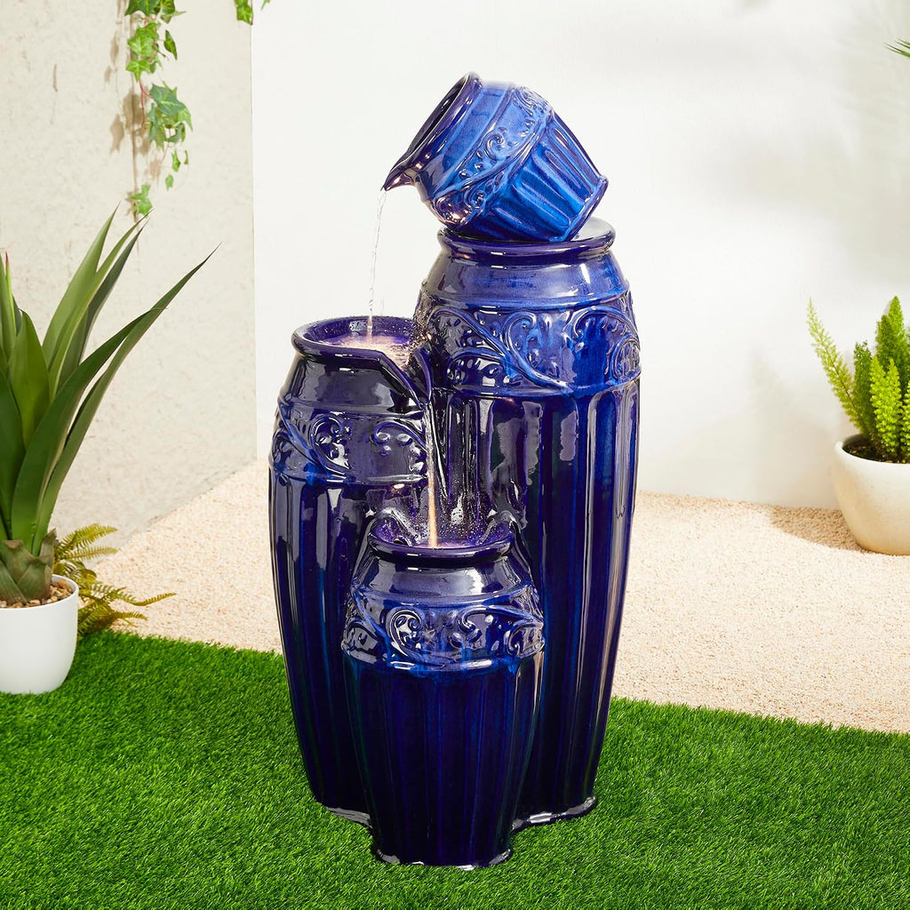 Glitzhome 35.5' H Oversized Outdoor Water Fountain with LED Lights and Pump, 4 Tier Cobalt Blue Embossed Pattern Ceramic Pots Cascading Floor Standing Fountain for Porch Deck Garden Patio Backyard