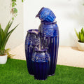 Glitzhome 35.5' H Oversized Outdoor Water Fountain with LED Lights and Pump, 4 Tier Cobalt Blue Embossed Pattern Ceramic Pots Cascading Floor Standing Fountain for Porch Deck Garden Patio Backyard