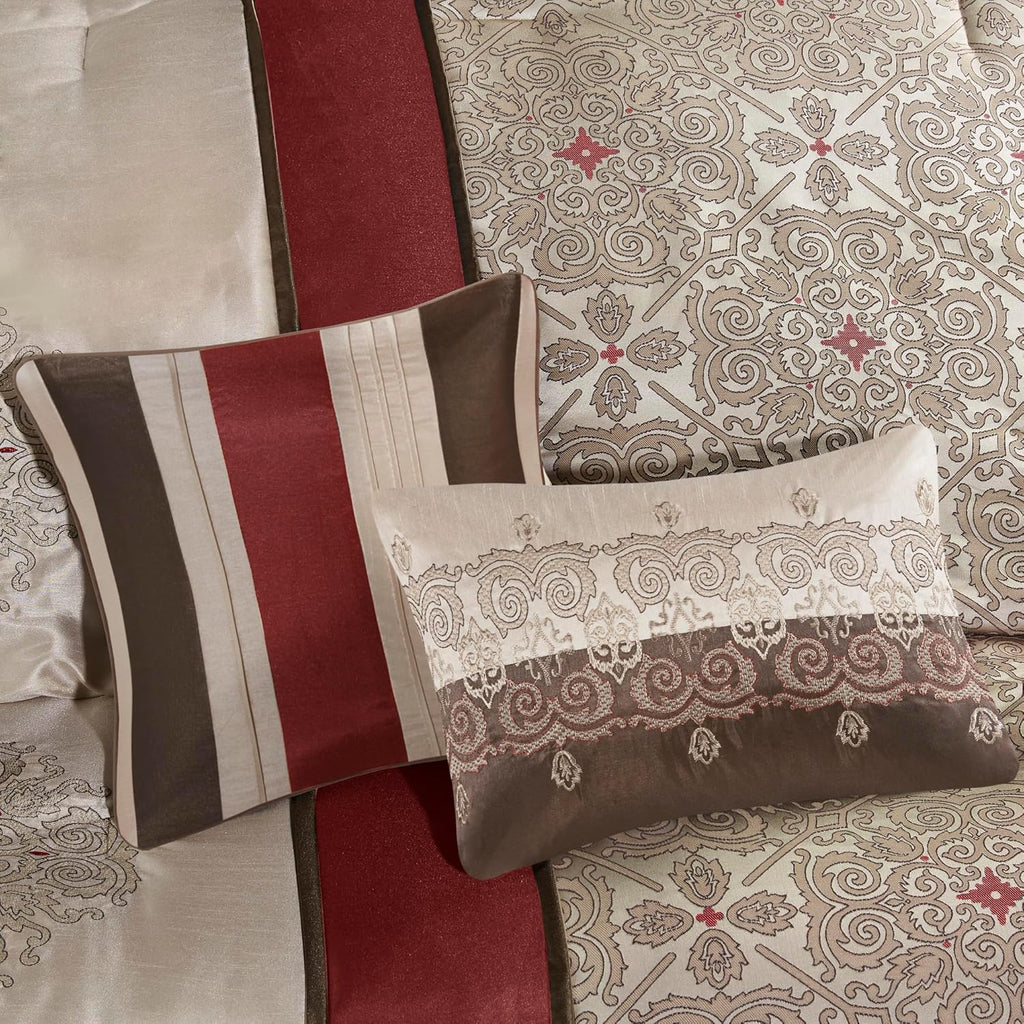 Madison Park Comforter Faux Silk-Traditional Luxurious Jacquard Design All Season Set, Matching Bed Skirt, Decorative Pillows, King(104'x92'), Red 7 Piece