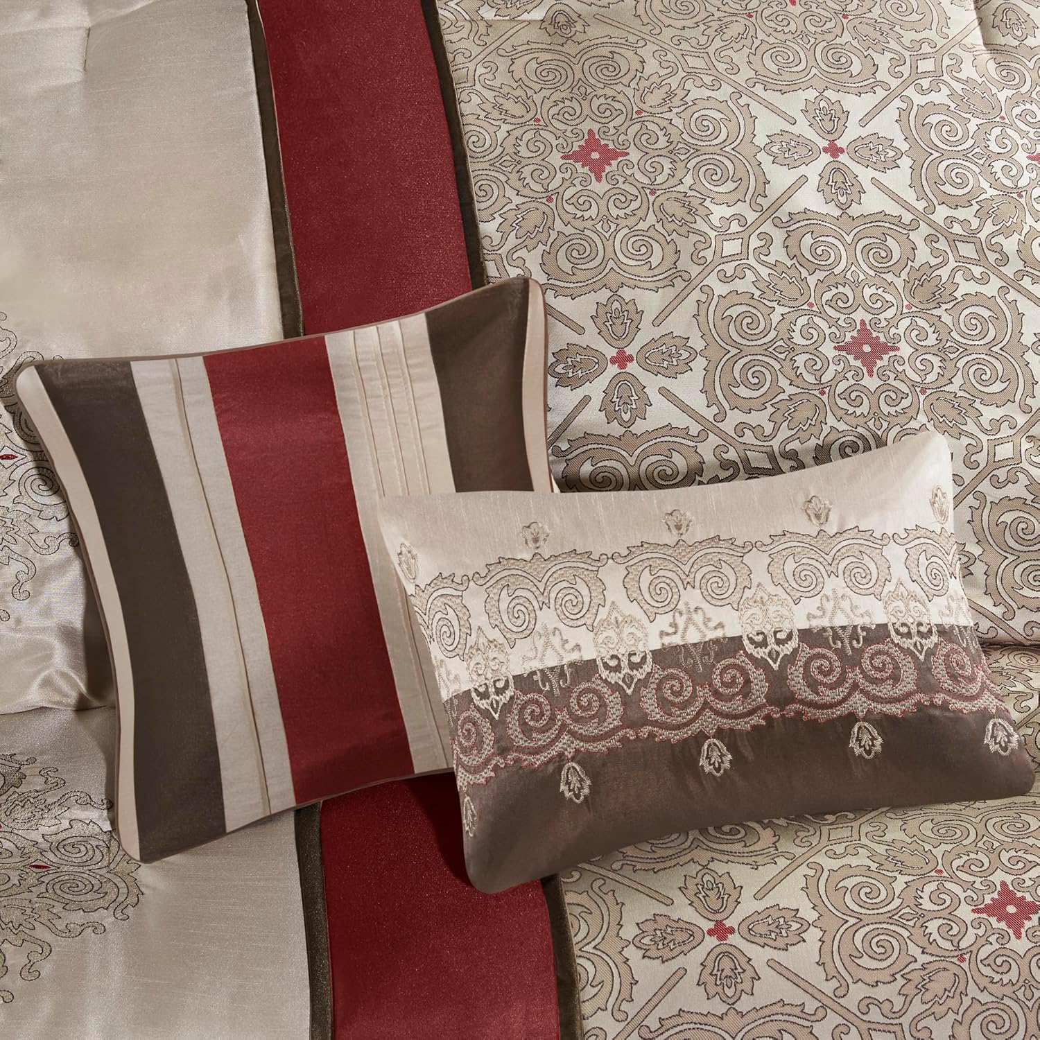 Madison Park Comforter Faux Silk-Traditional Luxurious Jacquard Design All Season Set, Matching Bed Skirt, Decorative Pillows, King(104'x92'), Red 7 Piece