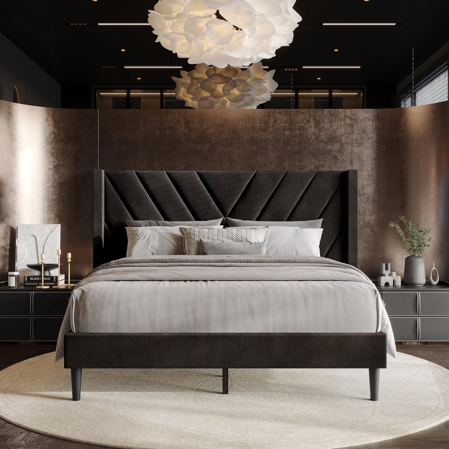 Queen Platform Bed Frame with Chevron-Stitched Wingback Headboard, Velvet Upholstery, No Box Spring Needed, Easy Assembly, Brown
