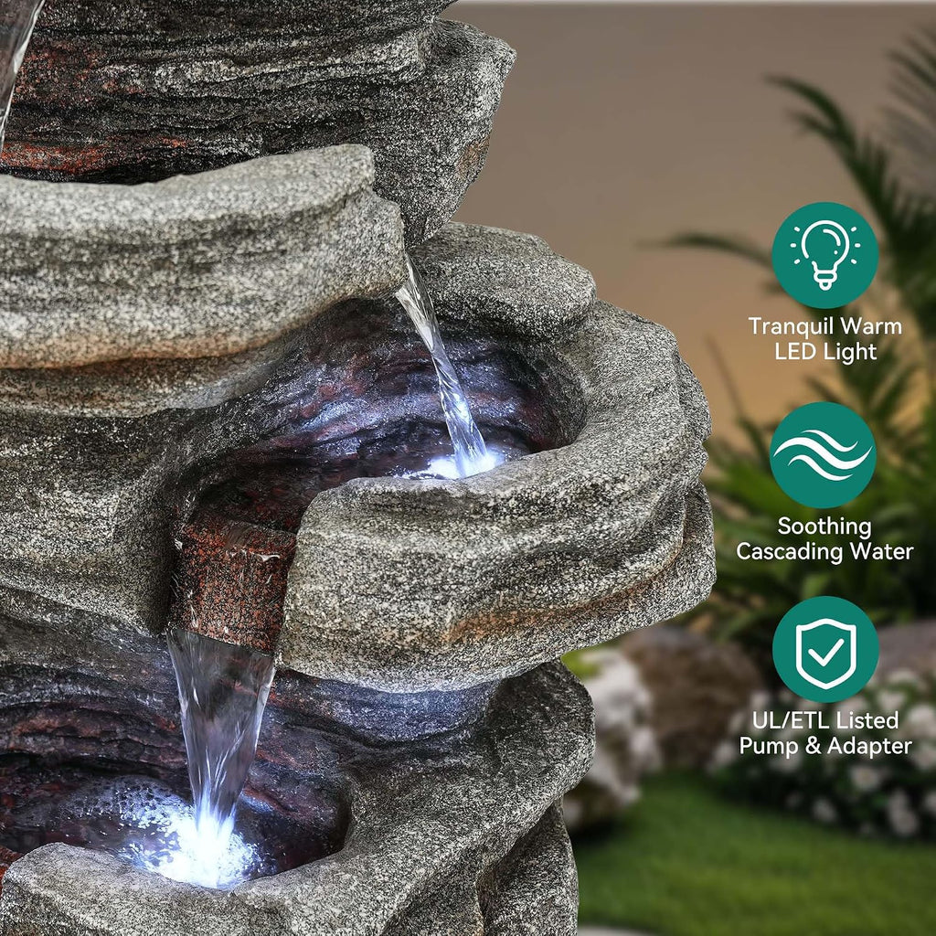 Extra-Large 6-Tier Outdoor Water Fountain with LED Lights, Cascading Rock Waterfall for Garden Patio Porch, Weather-Resistant Polyresin Water Feature for Tranquil Oasis