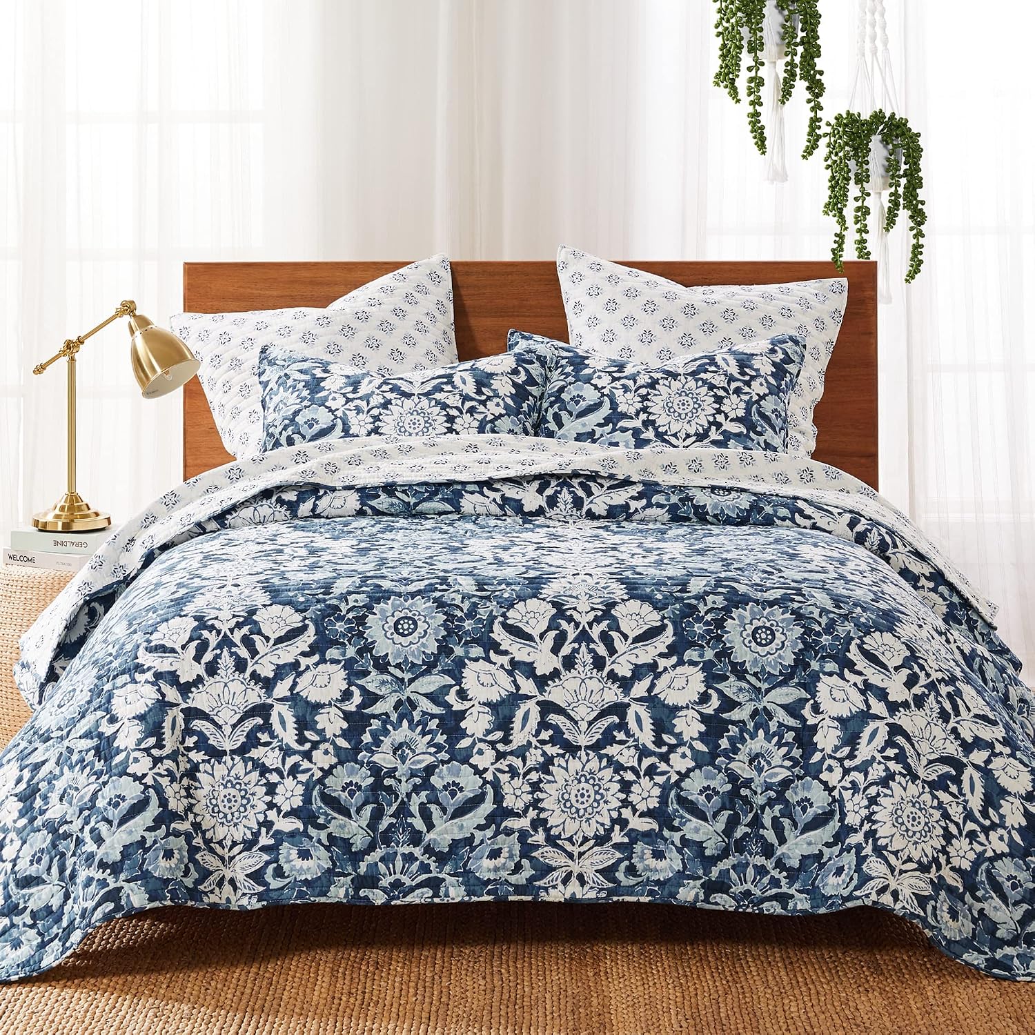 Levtex Home - Laure Indigo Quilt Set - King Quilt and Two King Shams - Floral - Indigo, Blue and White - Quilt (106x92in.) and Shams (20x36in.) - Reversible - Cotton