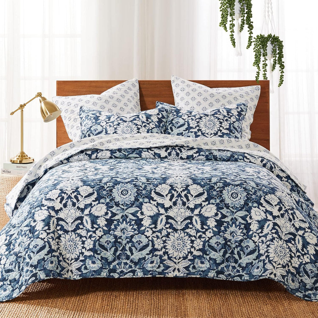Levtex Home - Laure Indigo Quilt Set - Twin Quilt and One Standard Sham - Floral - Indigo, Blue and White - Quilt (68x86in.) and Sham (20x26in.) - Reversible - Cotton