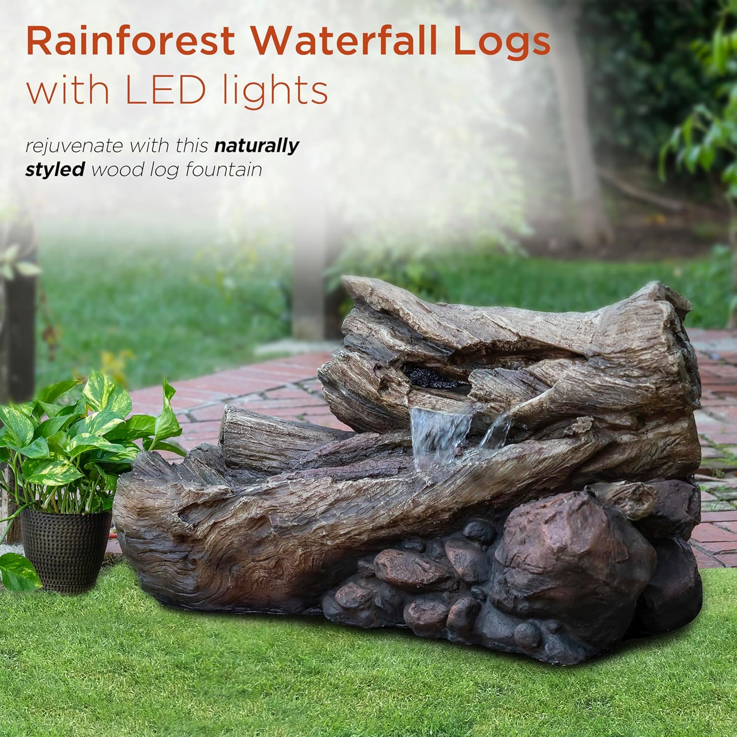 Alpine Corporation 24' Tall Outdoor 2-Tier Fallen Tree Trunk Water Fountain with LED Lights, Rustic Cascading Design for Garden, Patio & Yard Decor, Beige