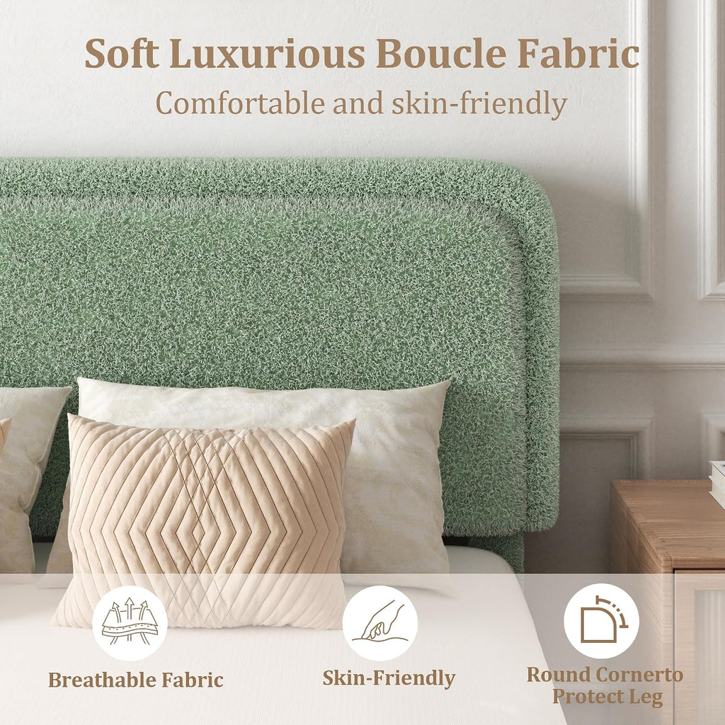 Queen Boucle Platform Bed Frame with Adjustable Headboard, Upholstered Cloud Queen Bed, Anti-Collision Soft Rounded Corners, No Box Spring Needed, Noise Free, Easy Assembly, Green