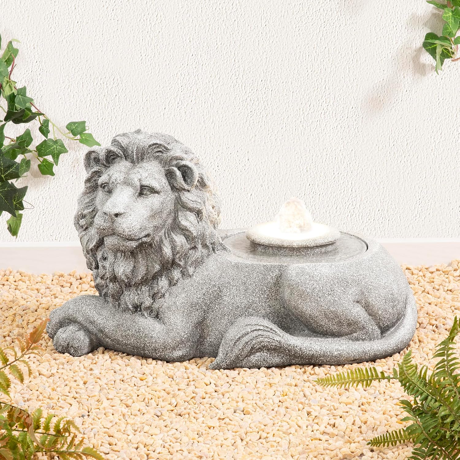 Glitzhome Outdoor Fountain with Lights & Pump, 20' L Zen-Style Lying Lion Polyresin Water Fountain Outdoor, Floor Standing Water Feature for Garden Yard Patio Porch Decor
