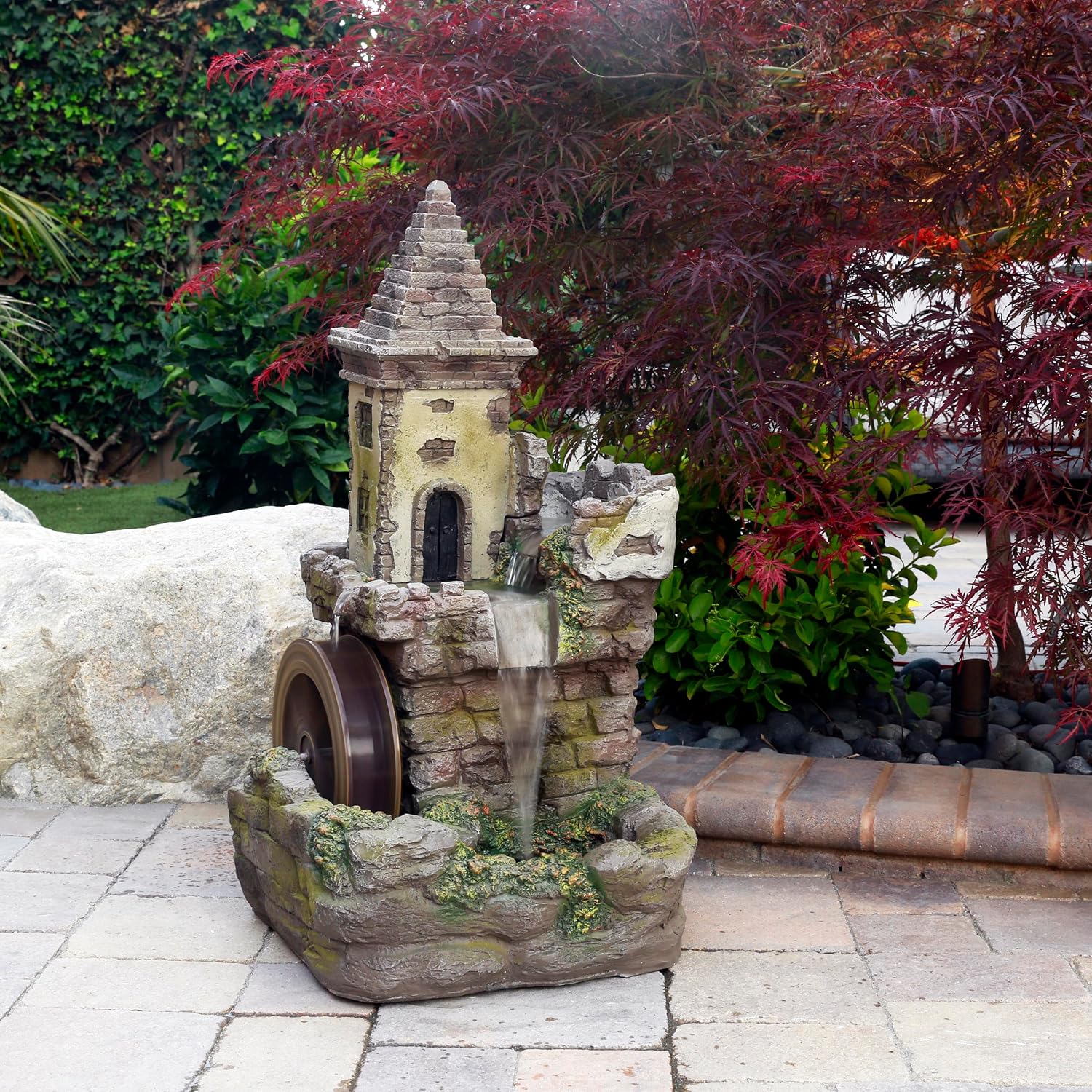 Alpine Corporation USA1164 Outdoor Floor Tiered Fairy Castle Waterwheel Water Fountain with Realistic Stone Look, 35', Brown