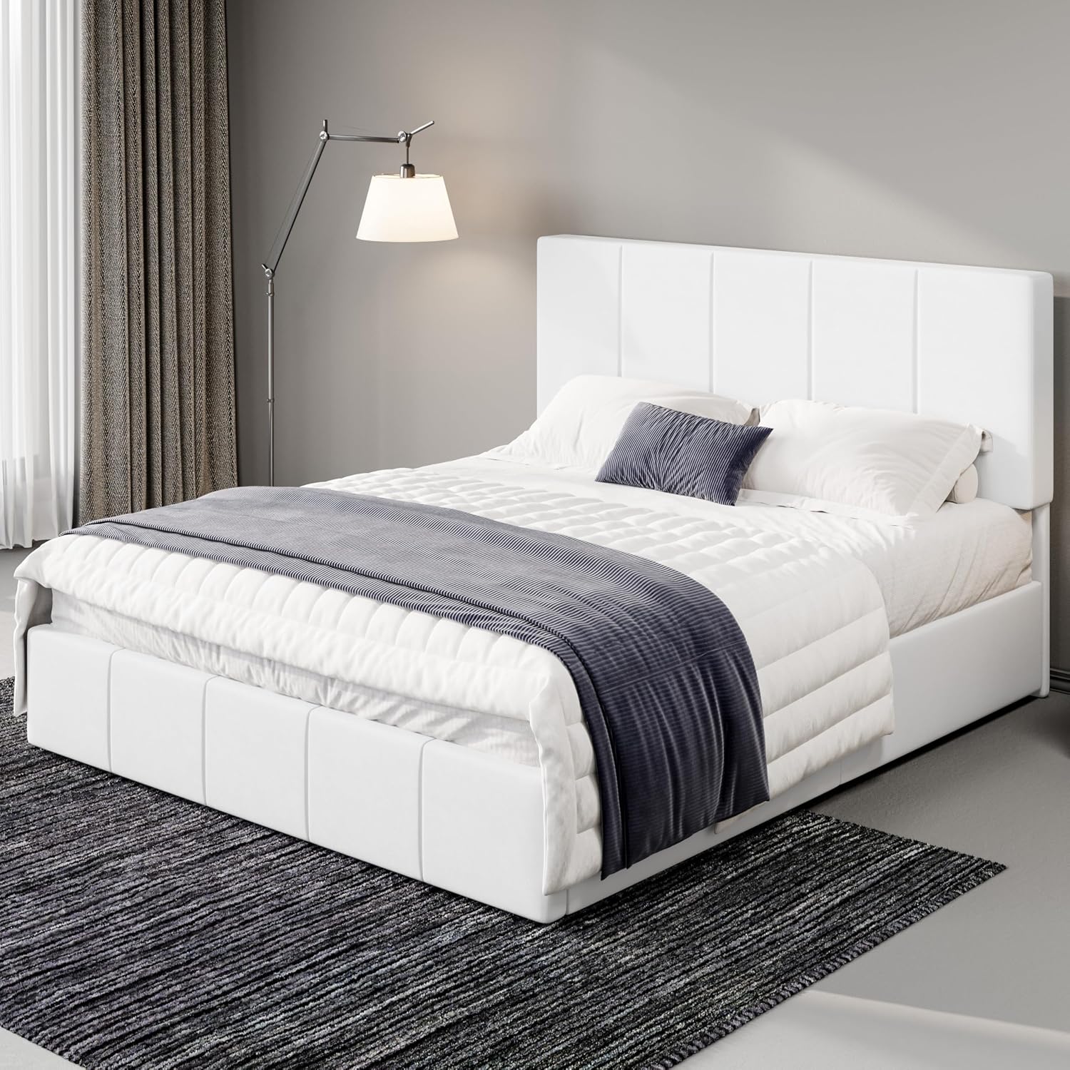 Allewie Queen Size Dutch Velvet Upholstered Platform Bed Frame/Vertical Channel Tufted Adjustable Headboard/Low Profile Bed Frame/No Box Spring Needed/Easy Assembly/White