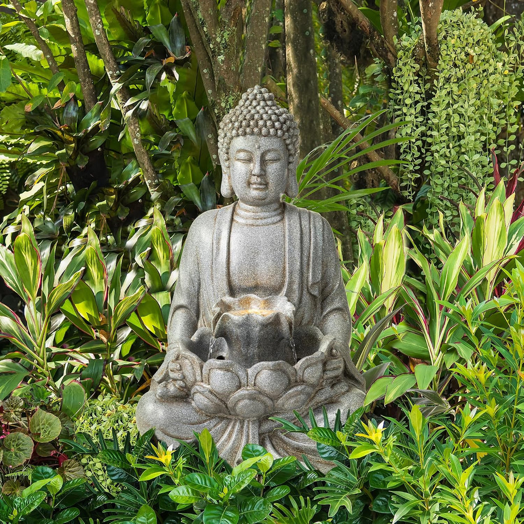 Glitzhome Buddha Fountain Outdoor with Pump & LED Light 23.25' H, 2-Tier Zen Style Concrete Meditating Buddha Statues Water Fountains Floor Fountains Buddhas Sculpture for Garden Patio Backyard
