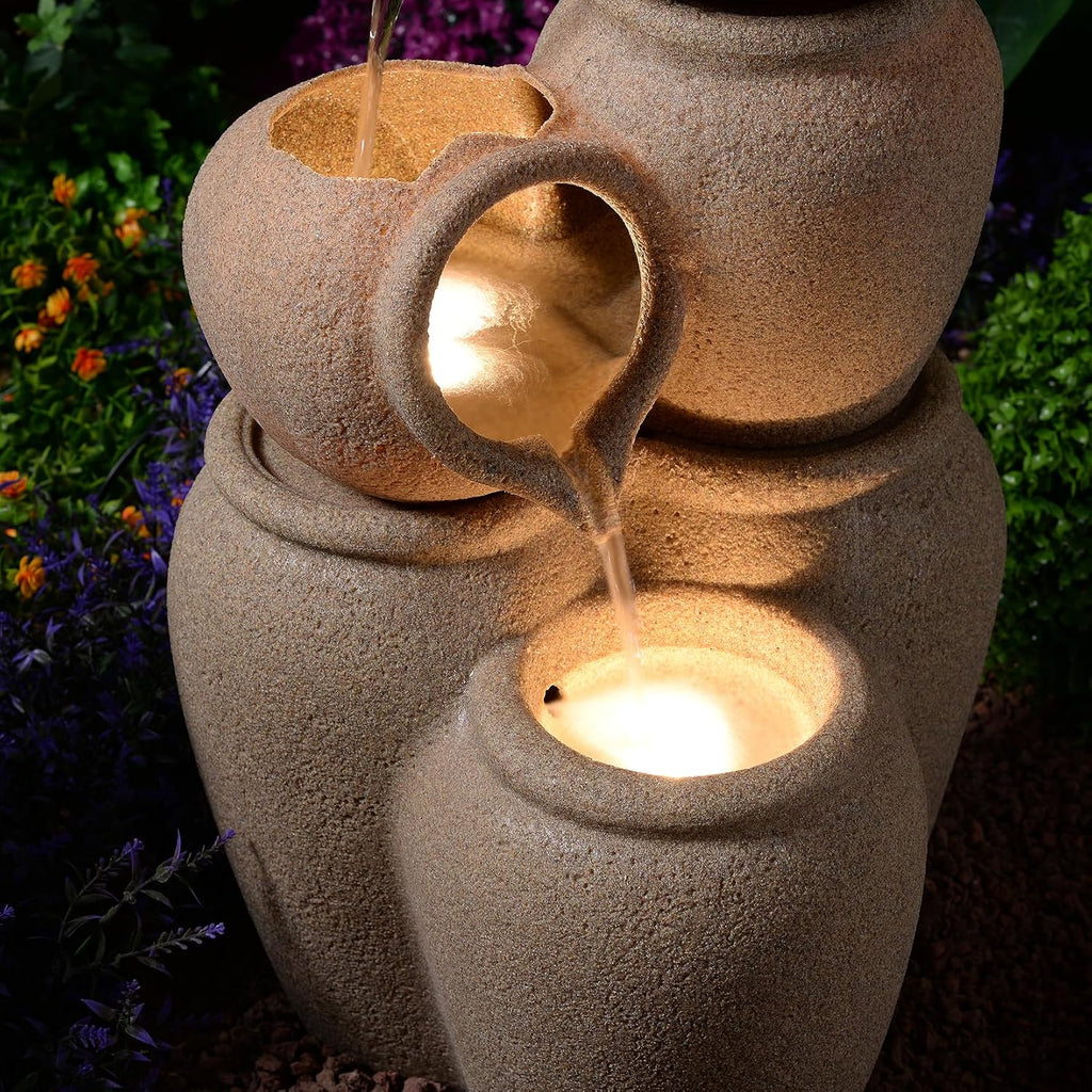 29.53' H 3-Tiers Cascading Jars Outdoor Water Fountain Made with Eco-Friendly Recyclable Materials, Polyethylene Waterfall Fountain, Outdoor Decor with LED Lights for Patio, Backyard