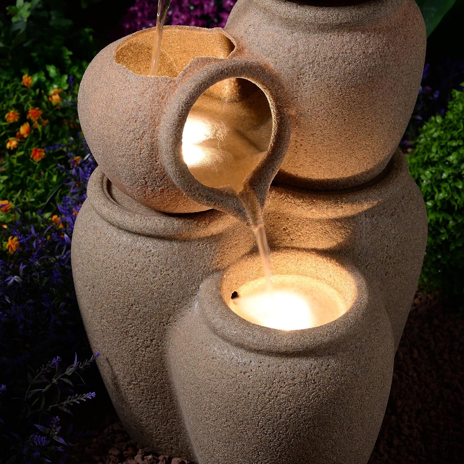 29.53' H 3-Tiers Cascading Jars Outdoor Water Fountain Made with Eco-Friendly Recyclable Materials, Polyethylene Waterfall Fountain, Outdoor Decor with LED Lights for Patio, Backyard