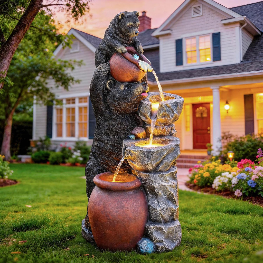 37.5' H Resin Playful Twin Bear Fountain Outdoor, Whimsical Multi-Tiered Stone Vessel Water Feature Outdoor with Lights, Soothing Cascading Waterfall for Patio, Backyard, Garden or Porch