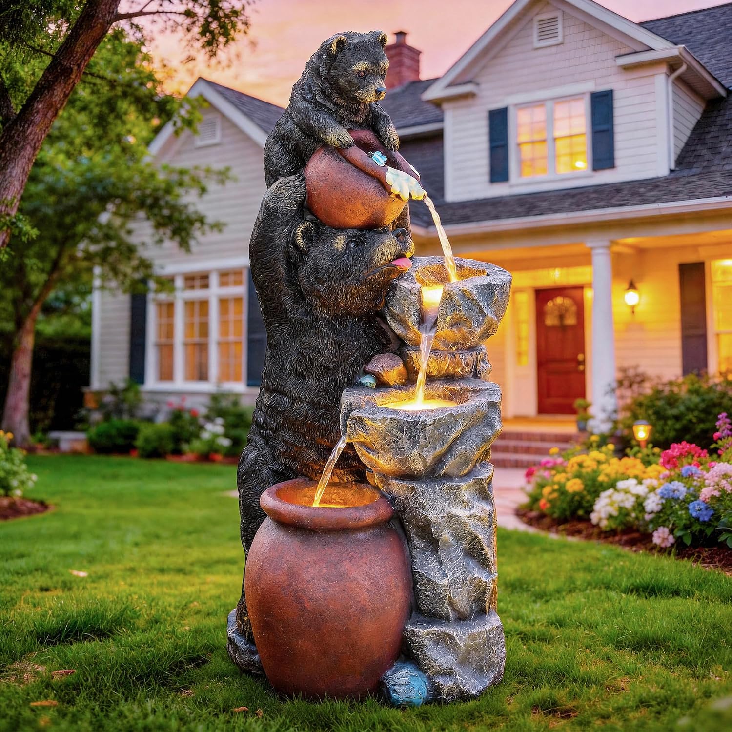 37.5' H Resin Playful Twin Bear Fountain Outdoor, Whimsical Multi-Tiered Stone Vessel Water Feature Outdoor with Lights, Soothing Cascading Waterfall for Patio, Backyard, Garden or Porch