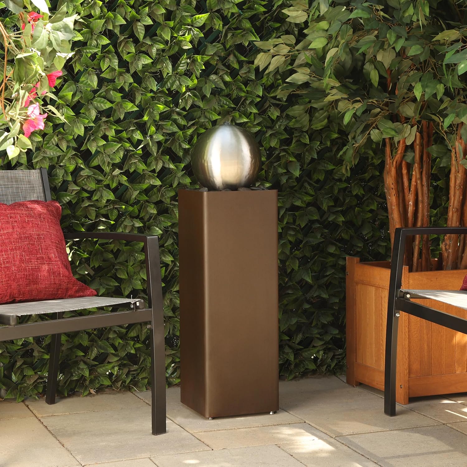 Alpine Corporation CPS188 Indoor Outdoor Modern Metal Orb Water Floor Fountain with River Rock Stone for Patio, Garden and Living Room, 37' H, Brown