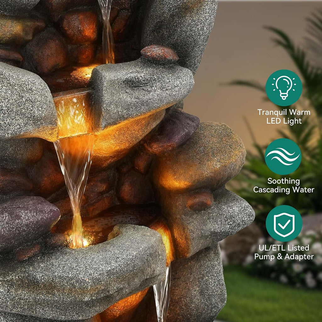 Utym 40' H Oversized Rock Outdoor Fountain with Warm LED Lights, 3-Tier Extra-Large Stacked River Pebbles Waterfall, Weather-Resistant Resin Feature for Garden Patio Yard