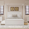 Queen Size Canopy Bed with Trundle and Three Storage Drawers, 4-Post Wood Bed Frame with Headboard, No Box Spring Needed (White)