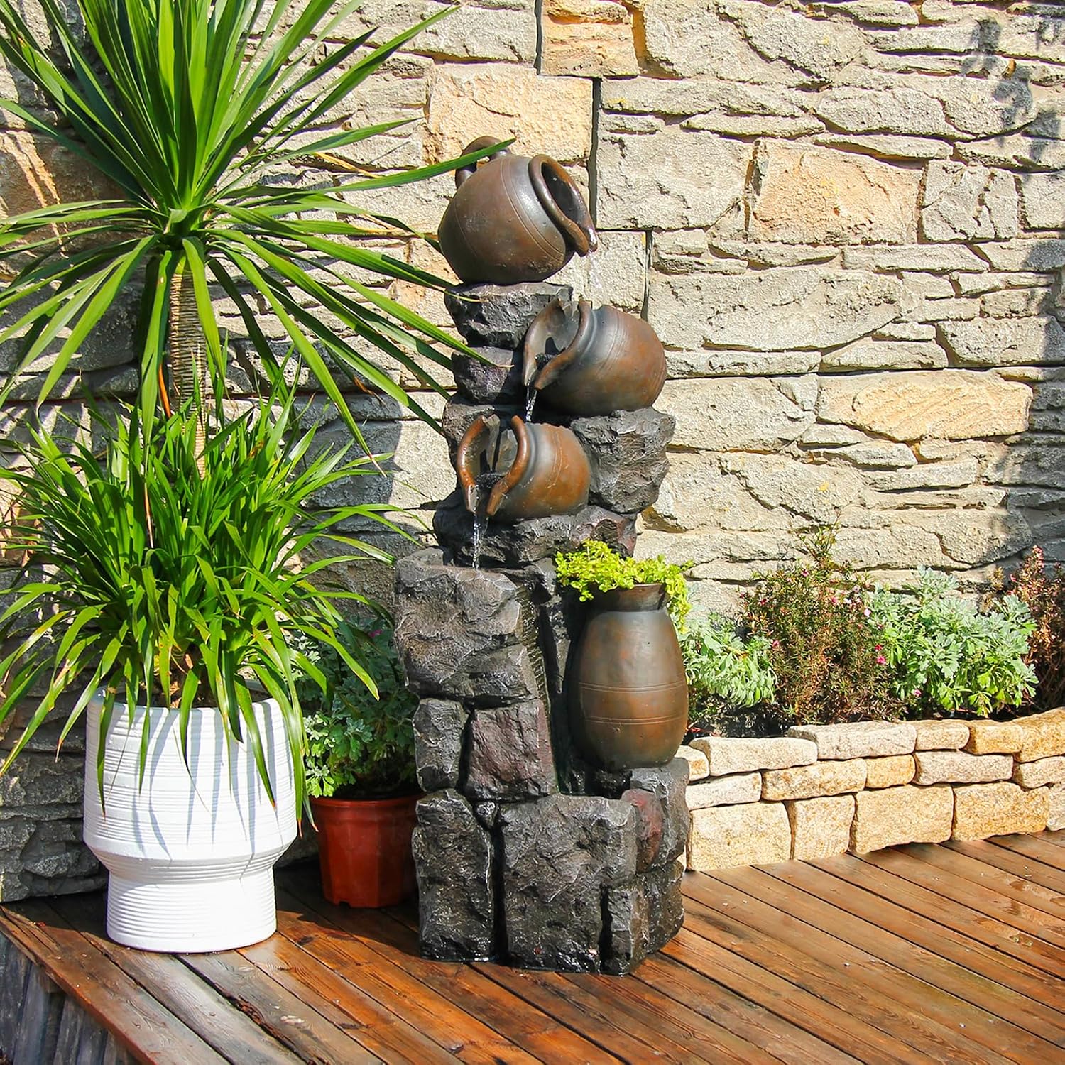 45.67''H Water Fountain Outdoor with Planter Pot 5 Tiers Cascading Waterfall Garden Fountains Indoor LED Lights Water Feature Decor for Porch Patio Backyard Deck