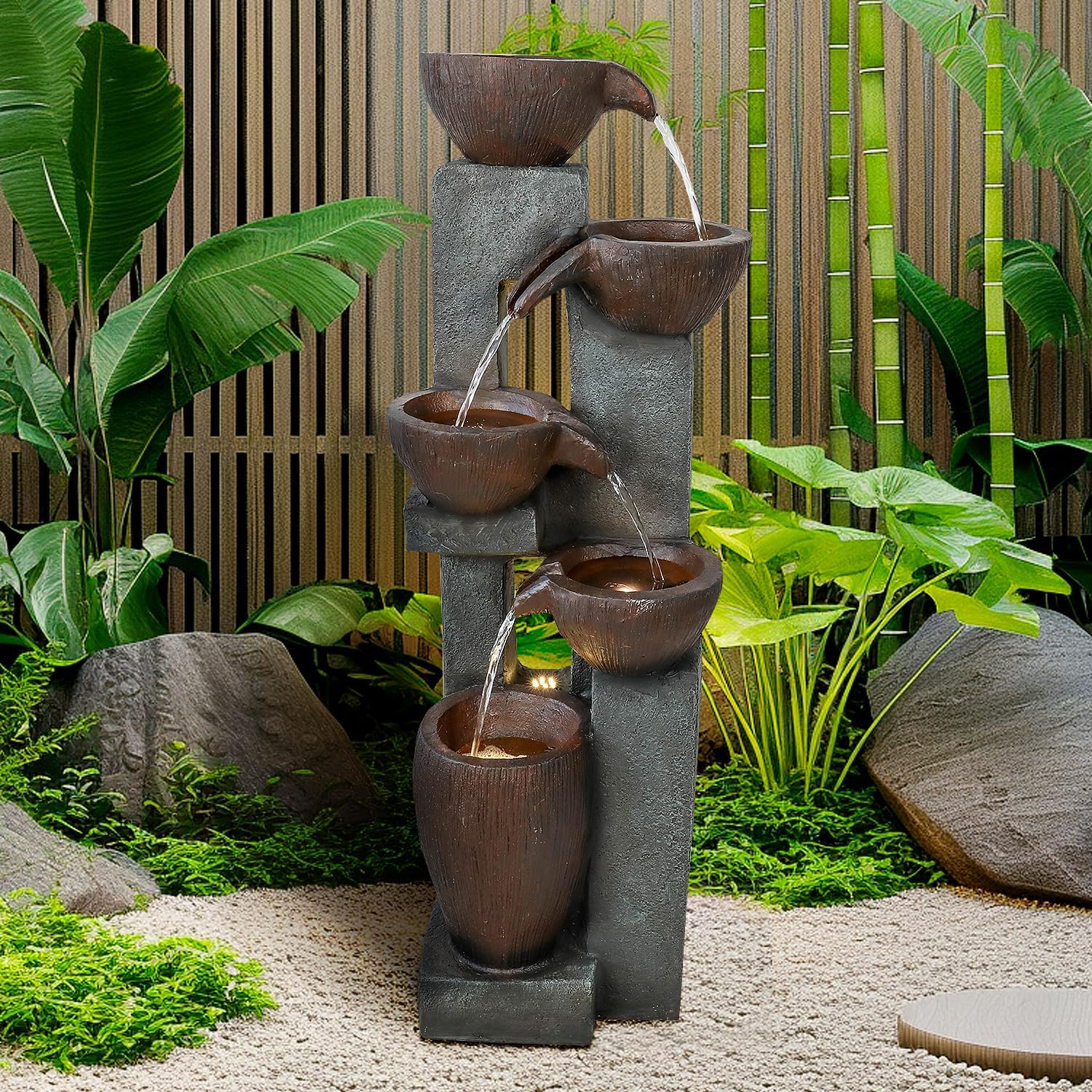 Naturefalls 39' H Modern Outdoor Fountain - 5 Crocks Outdoor Garden Fountains with Contemporary Design&LED Light for Garden, Patio, Deck, Porch, Backyard and Home Art Decor