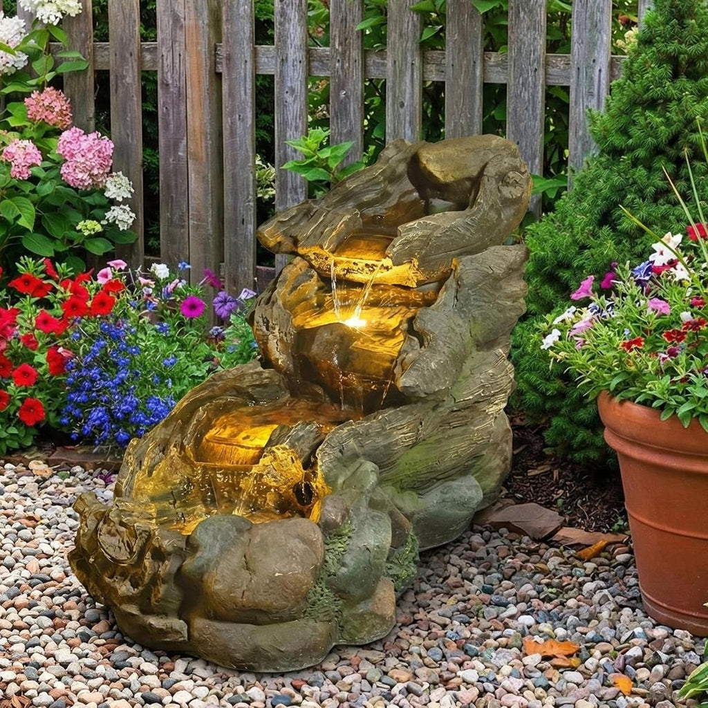 Sunlinua 37' L Outdoor Water Fountain with 3 Tiers Cascading Realistic Tree Trunk Waterfall Fountains with LED Lights Outdoor Water Fountain for Garden Patio Backyard Porch Home Decor