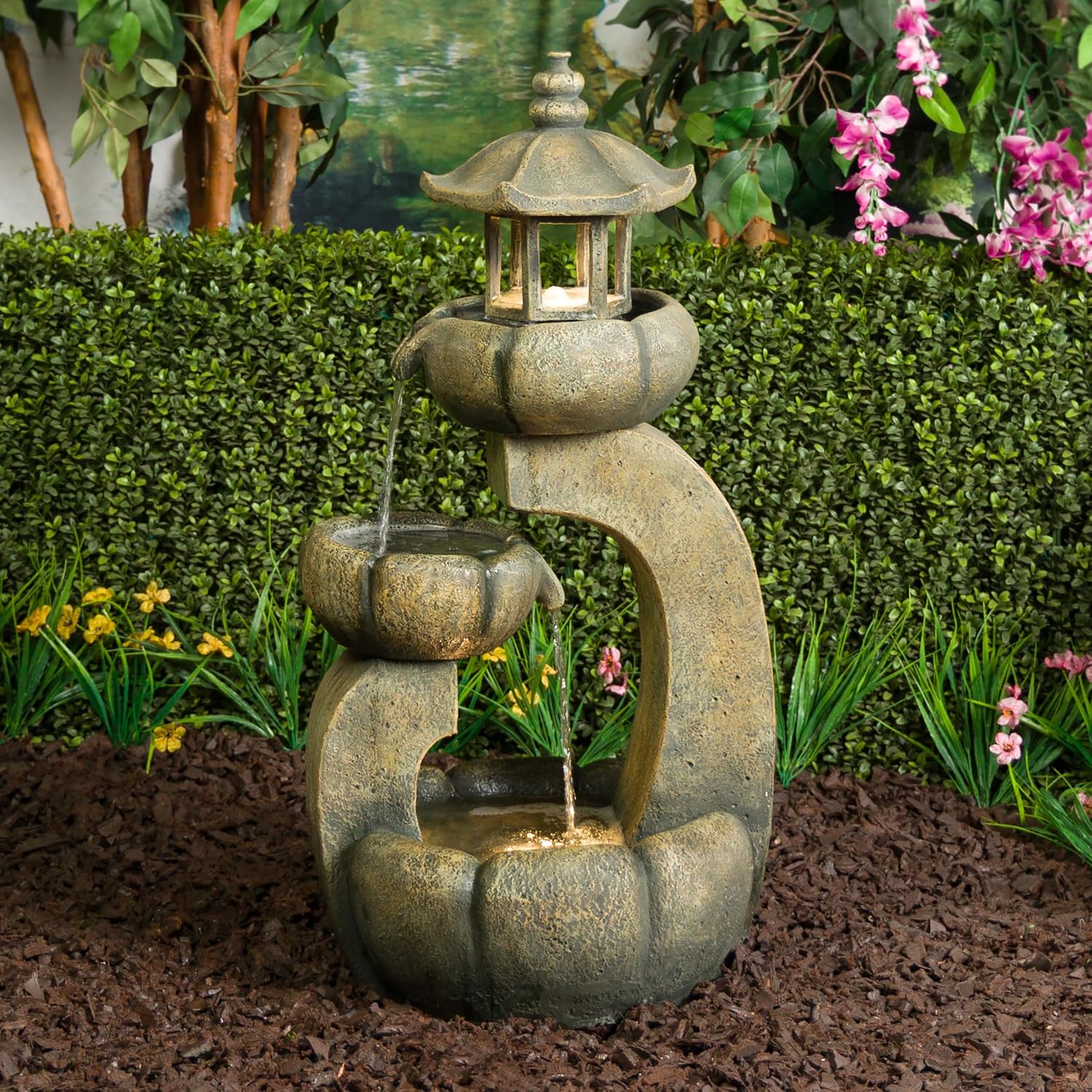 Alpine Corporation 32' Tall 2-Layer Pagoda Polystone Fountain with LED Lights, Cascading Waterfall, Outdoor Garden and Patio Water Feature, Zen Decor, Relaxing Sound, Brown