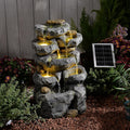 Solar Water Fountain Outdoor Garden, 24' H Cascading Stone Design 5 Tier Rock Feature Outdoor Fountains Waterfalls with Light, Pump Solar Panel for Patio, Deck, Porch, Backyard Home Décor