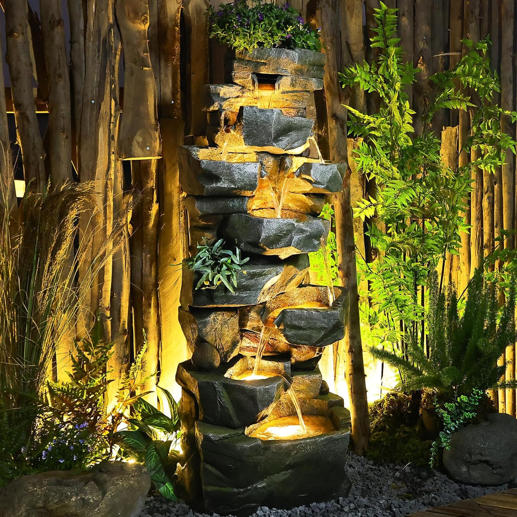 Sunlinua 58' H Outdoor Water Fountain with 7 Tiers New Upgraded Large Cascading Realistic Rock Waterfall Fountains with Lights Outdoor Water Fountain for Garden Patio Backyard Porch Home Decor