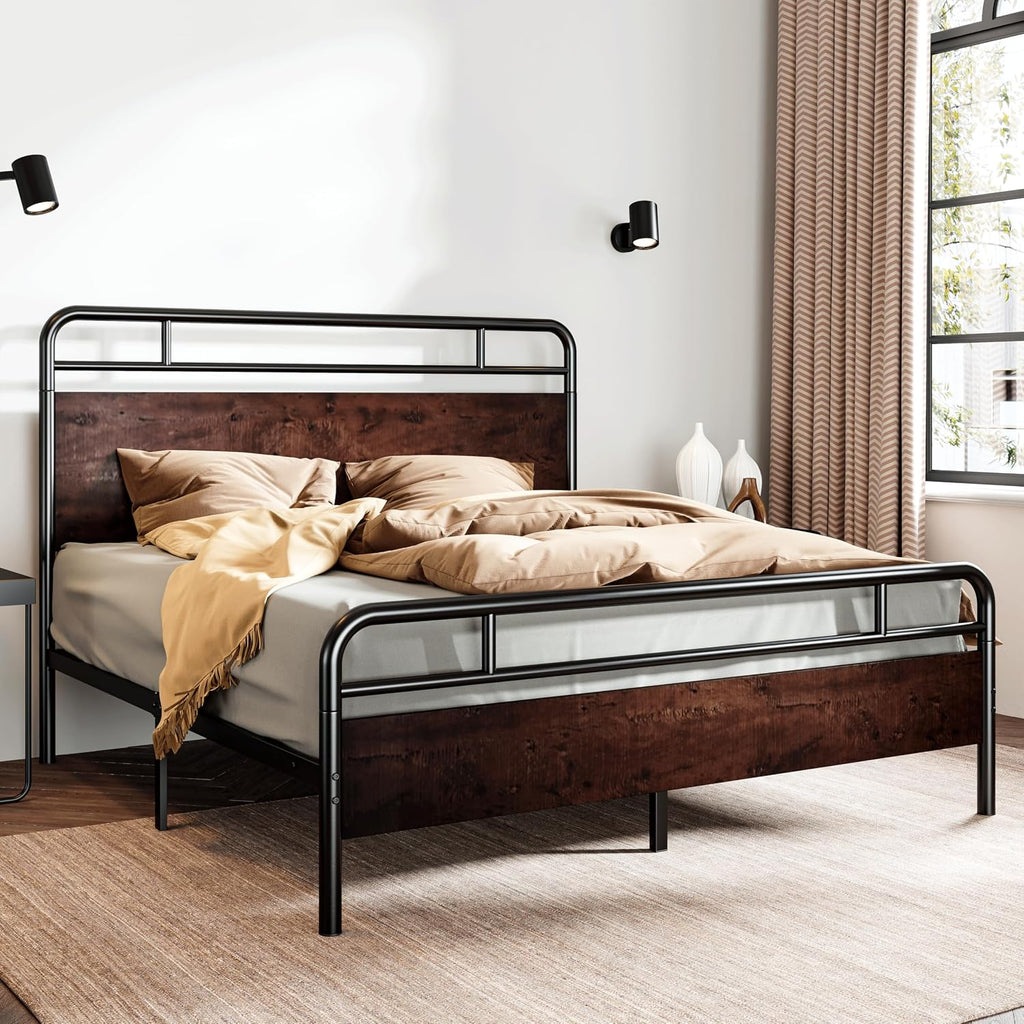 SHA CERLIN Queen Size Bed Frame with Wooden Headboard and Footboard, Rounded Corner Metal Structure, Heavy Duty Slats with Under-Bed Storage, No Box Spring Needed, Mahogany