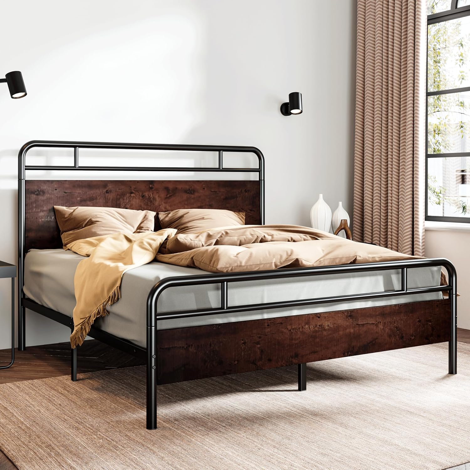 SHA CERLIN Queen Size Bed Frame with Wooden Headboard and Footboard, Rounded Corner Metal Structure, Heavy Duty Slats with Under-Bed Storage, No Box Spring Needed, Mahogany