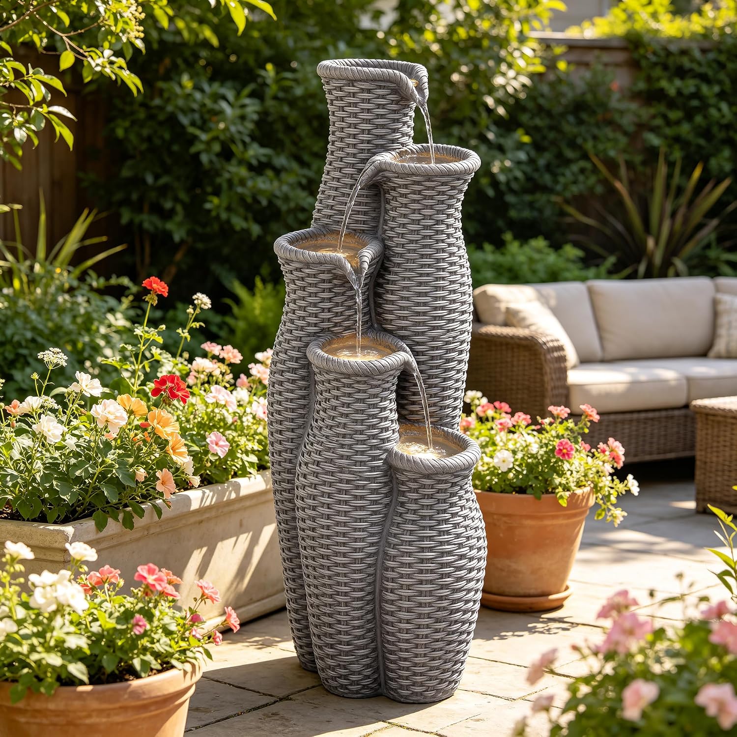 Outdoor Water Fountain with Lights, 5-Tier Faux Rattan Vase Waterfall, Textured Gray Polyresin Cascading Waterfall Feature with Soothing White Noise for Garden, Patio, Yard, or Porch