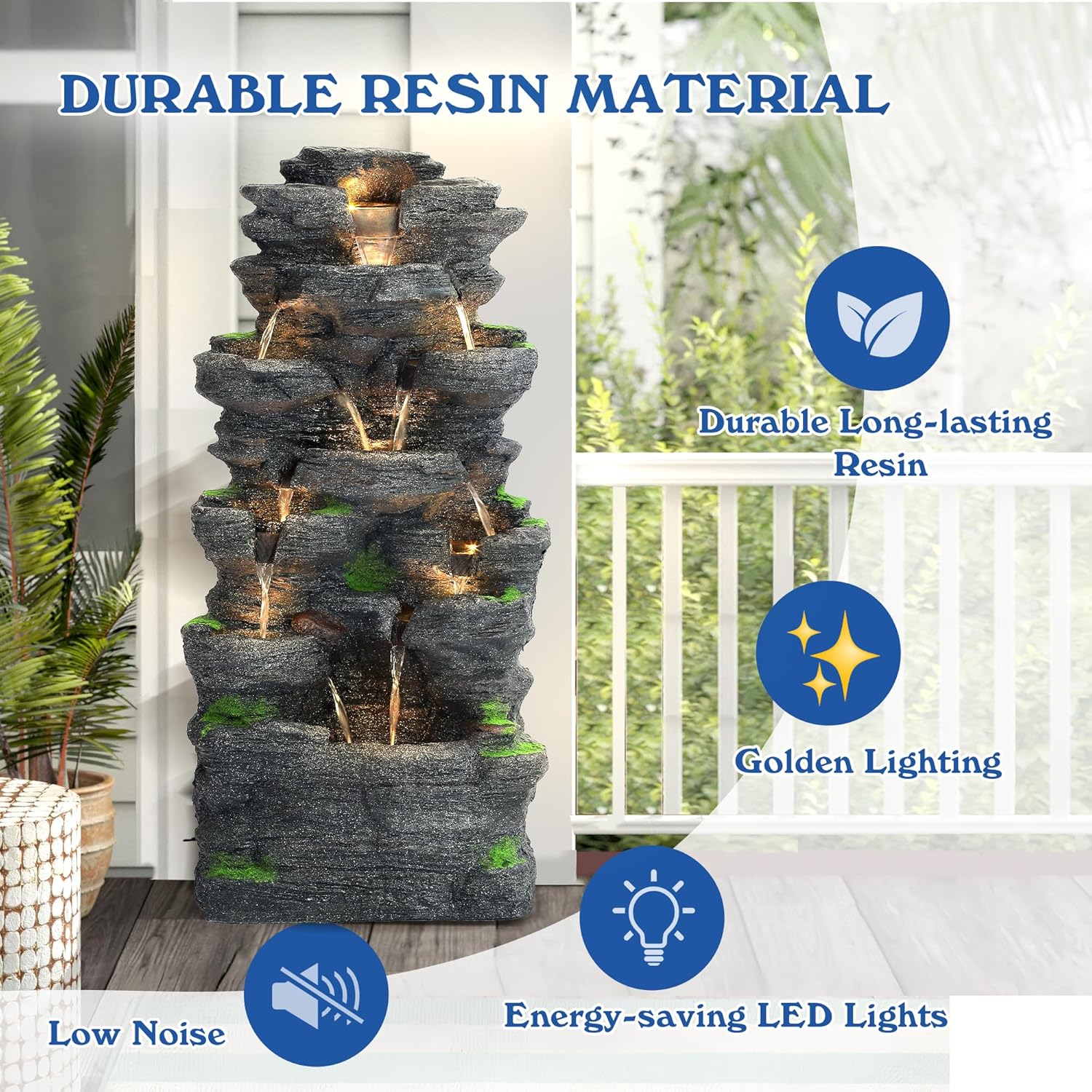 TITIMO 10-Tier Cascading Rock Water Fountain Outdoor Garden Waterfall with Lights,Fountain Indoor Decor for Garden, Patio, Backyard, Deck, Porch and Home Art Decor