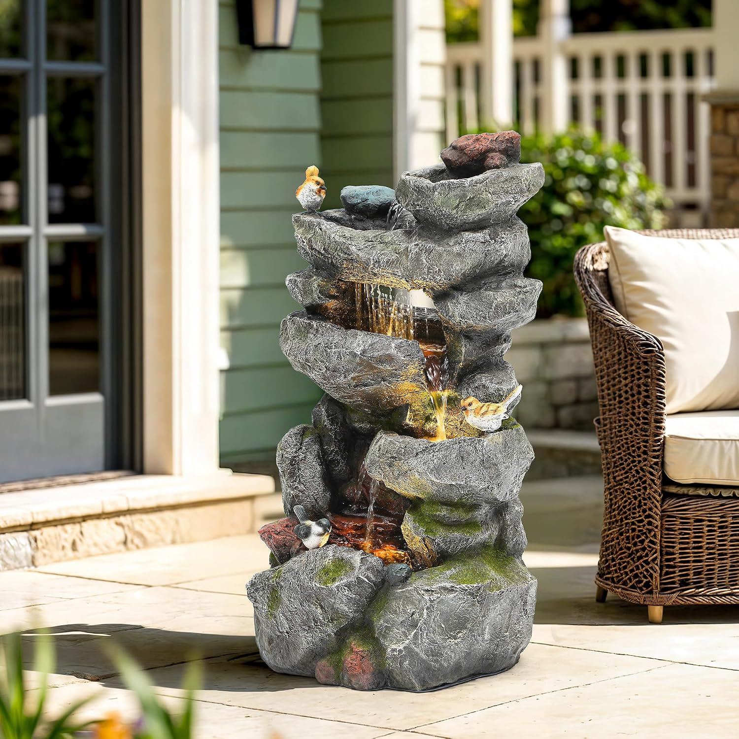 31.5' H Multi-Tier Rock Outdoor Water Fountain with LED Lights and Pump, Garden Fountain Waterfall for Patio, Porch, or Yard