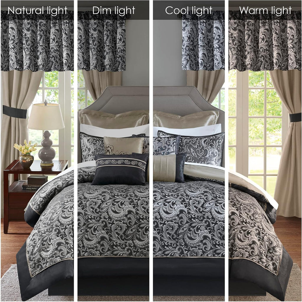Madison Park Essentials Brystol 24 Piece Room in a Bag Faux Silk Comforter Jacquard Paisley Design Matching Curtains Down Alternative All Season Bedding-Set, Queen(90 in x 90 in), Black 24 Piece