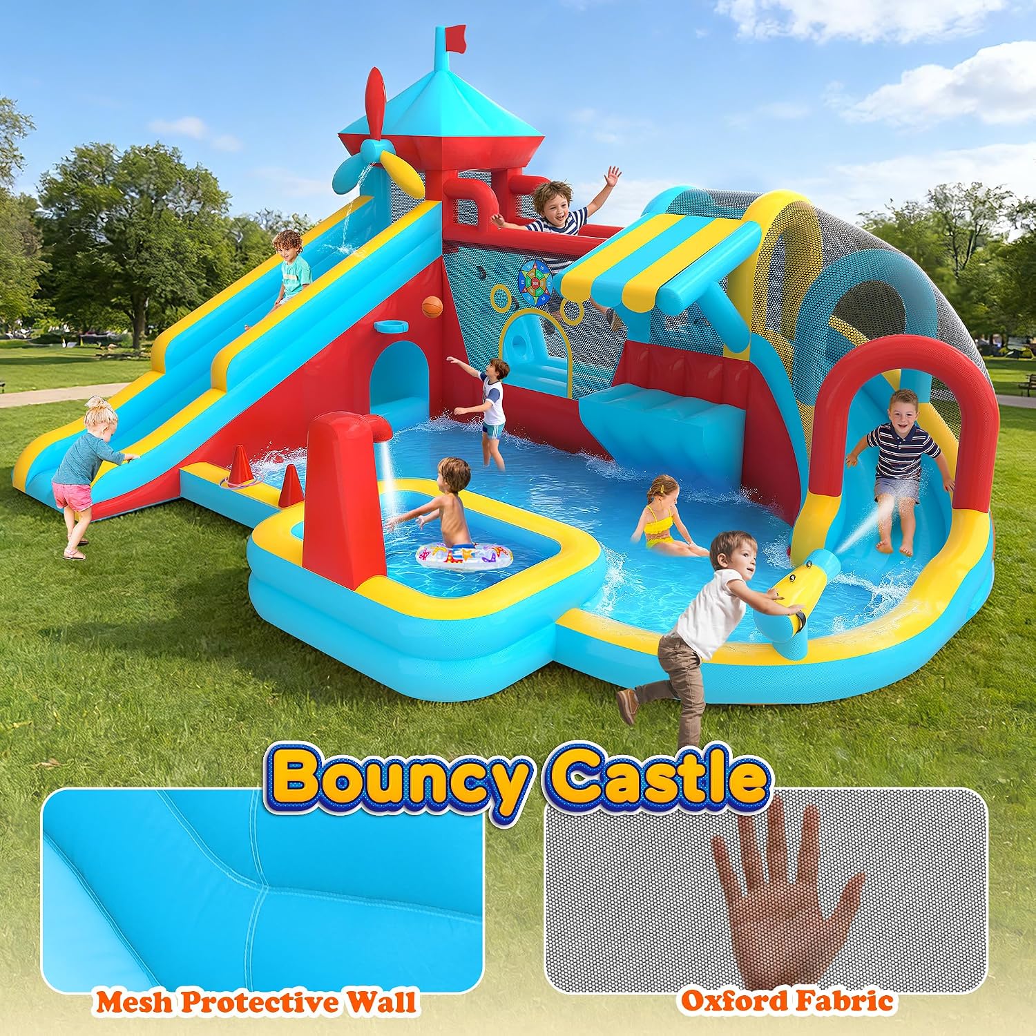Inflatable Bounce House with Double Slide, Water Slide with Jumping Area, 10 in 1 Large Bounce Castle, Splash Pool, Climbing Wall, Toy Stand, Water Cannon, Basketball, Tunnel, Outdoor, Indoor, Blue