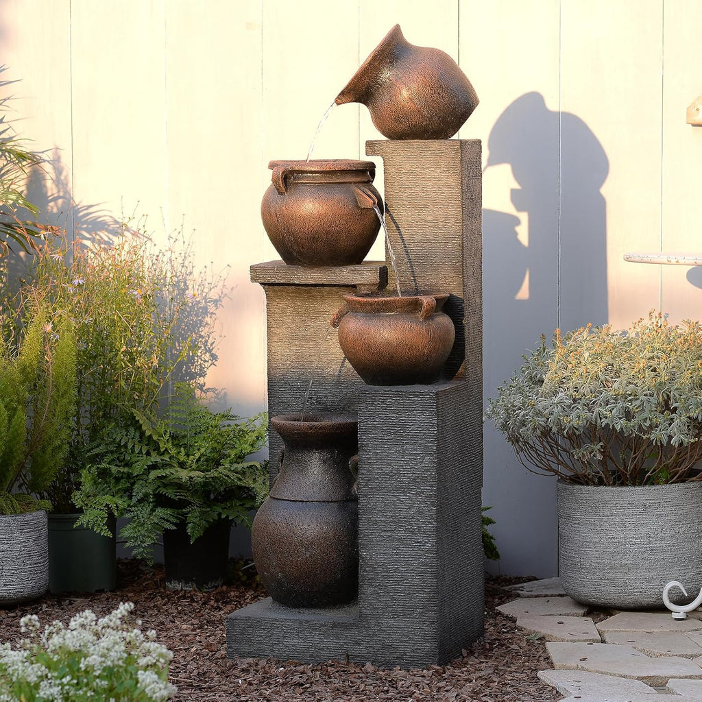 Bumilgar 53' H Large Water Fountain Outdoor - The 4 Cascading Modern Feature Crocks Garden Fountains and Waterfalls with Warm Lights for Porch, Deck, Patio, Backyard Home Décor (Gray)