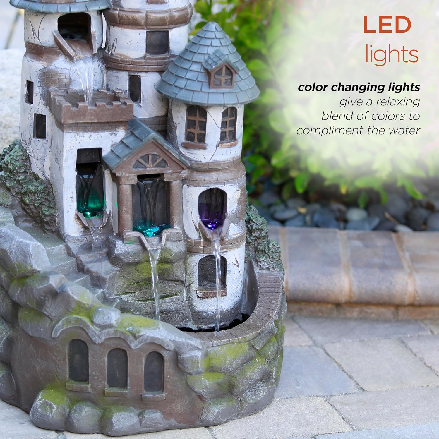 Alpine Corporation USA1368 Outdoor Floor Tiered Fairy Castle Water Fountain with Color Changing LED Lights, 35', Brown