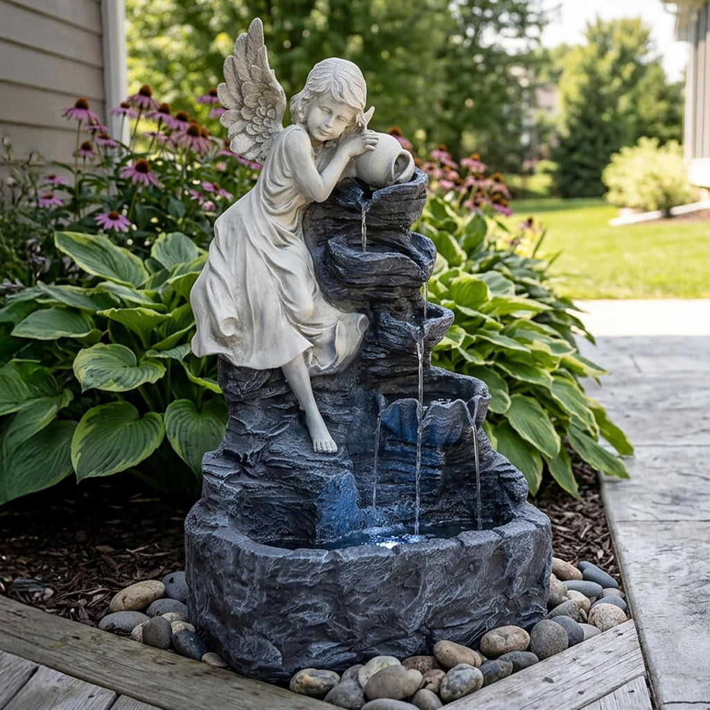 Sunnydaze Angel Falls 29-Inch Outdoor Solar Water Fountain - Outdoor Water Feature with LED Light for Garden, Patio, Yard or Balcony
