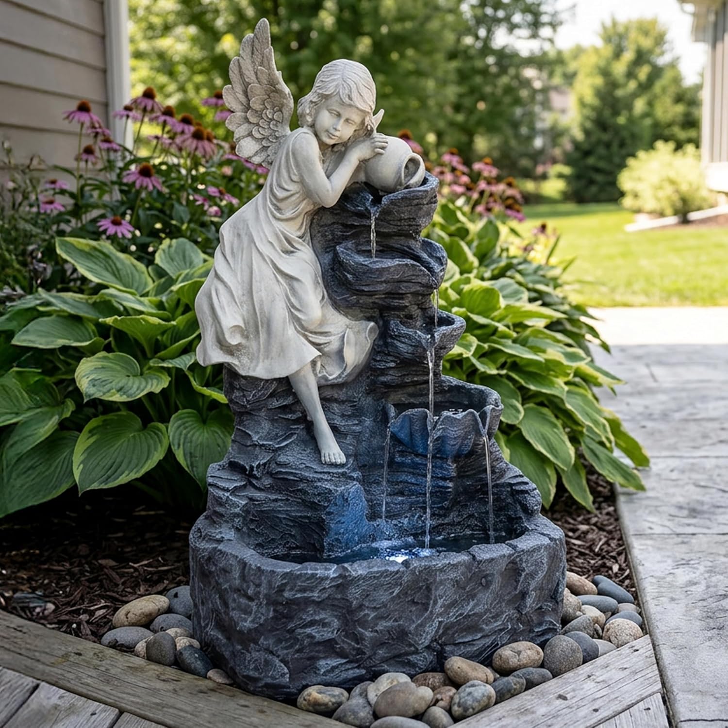 Sunnydaze Angel Falls 29-Inch Outdoor Solar Water Fountain - Outdoor Water Feature with LED Light for Garden, Patio, Yard or Balcony