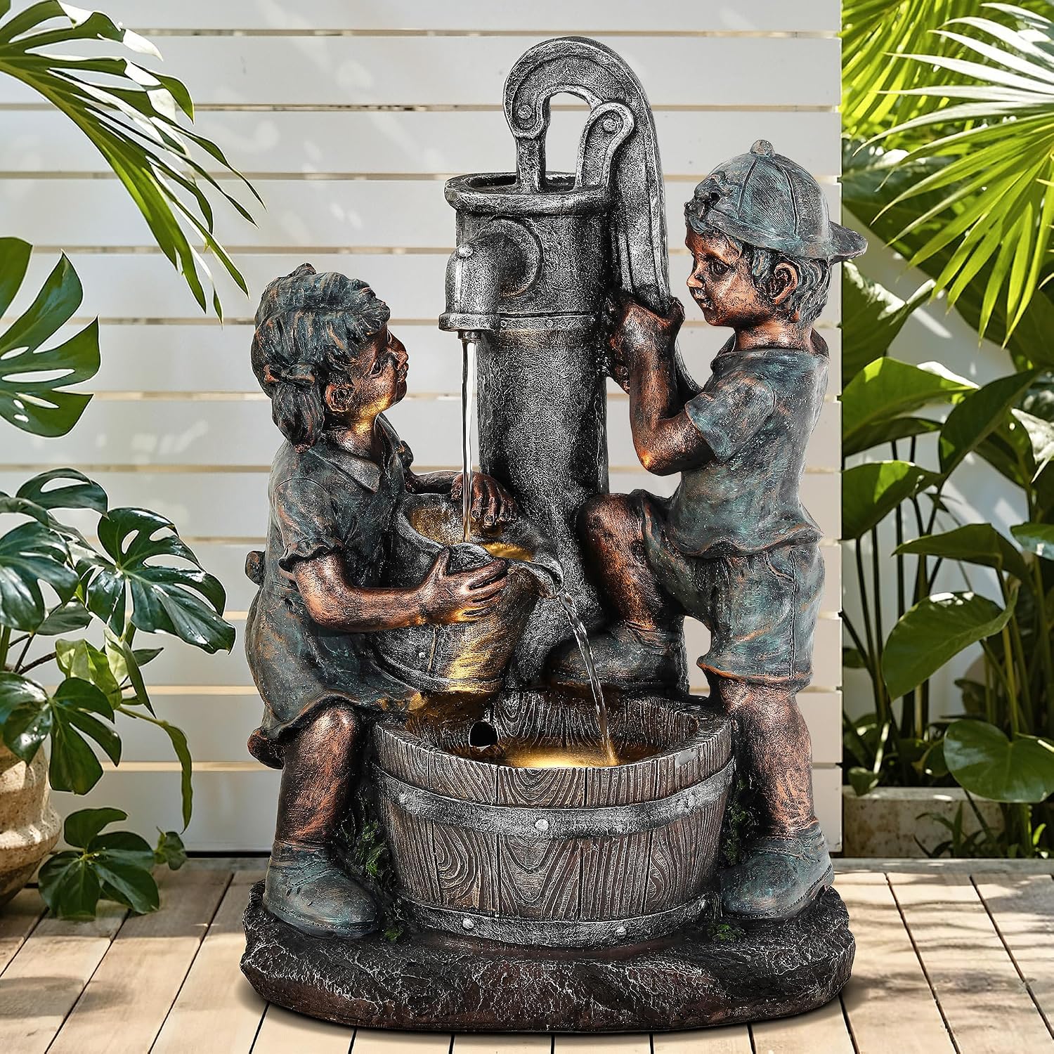 26' Outdoor Fountain, 3-Tier Boy-Girl Playing with Faucet Water Feature with LED Lights, Antique Resin Soothing Cascading Waterfall for Patio, Backyard, Garden or Porch