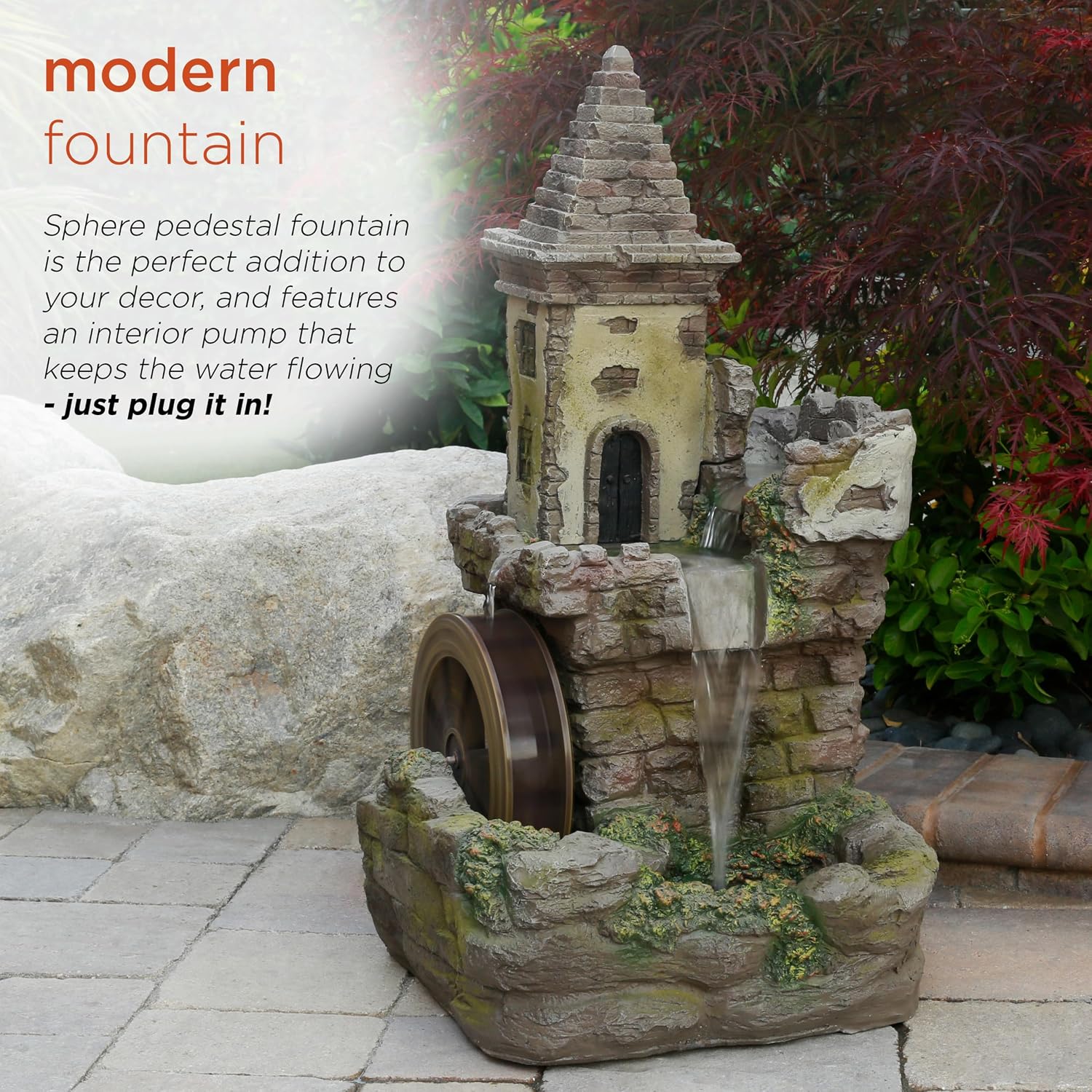 Alpine Corporation USA1164 Outdoor Floor Tiered Fairy Castle Waterwheel Water Fountain with Realistic Stone Look, 35', Brown