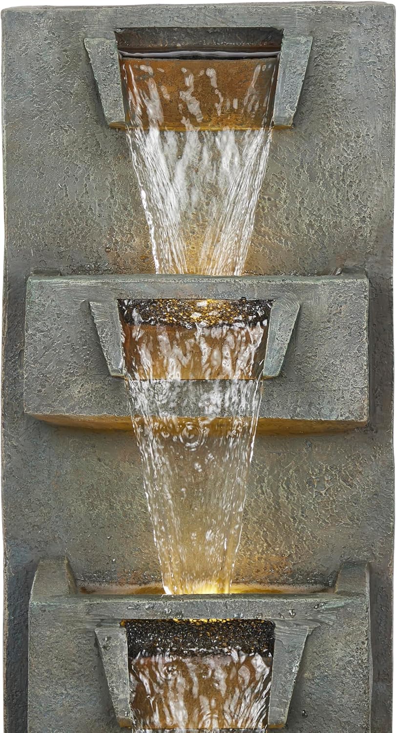 Alpine Corporation TZL406 33' 3 Tier Basin Cascading Fountain with LED Lights, Outdoor Water Feature for Garden, Patio, Backyard & Home Decor, Elegant Waterfall Design, Gray
