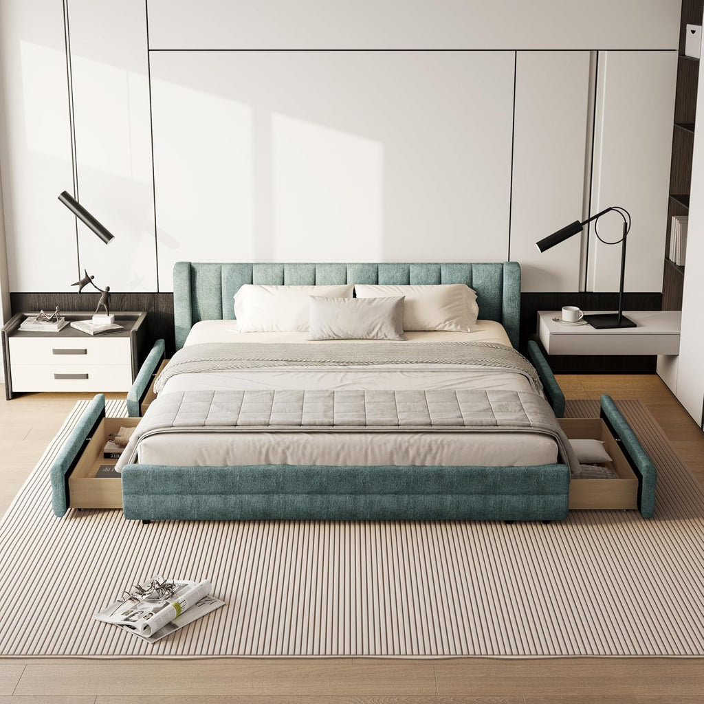 DEINPPA King Size Bed Frame with 4 Storage Drawers and Cloud Soft Headboard, Chenille Upholstered Grounded Wood Base Bed Frame, No Box Spring Needed-Blue+Green
